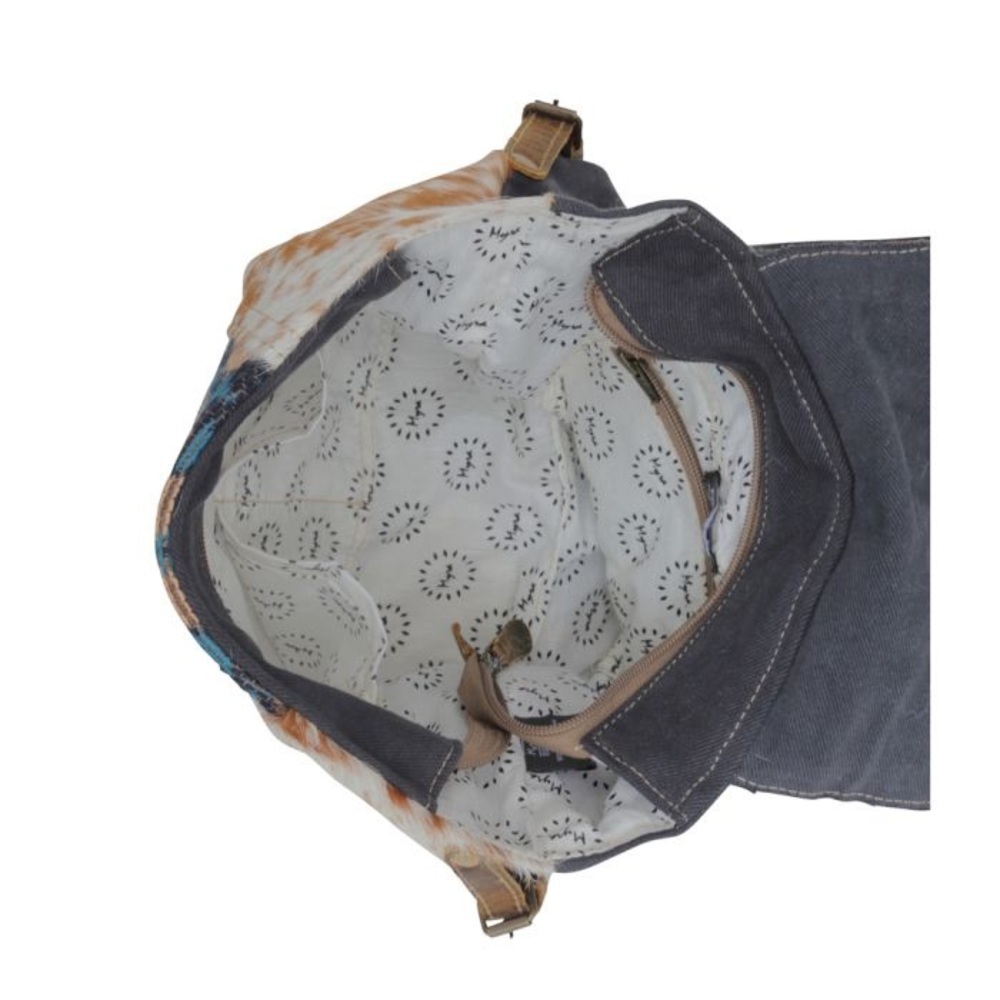 Myra Cowhide Leather Backpack Western Canvas Rug Boho Tribal School Travel Bag - Picture 10 of 12